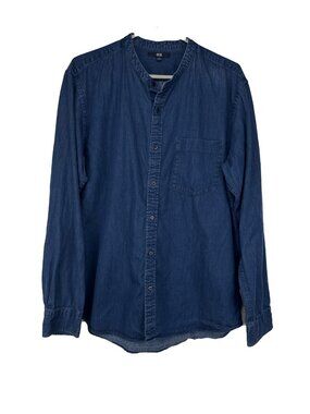 UNIQLO 100% Cotton Denim Oversized Stand Collar Blue Long-Sleeve Shirt Size L